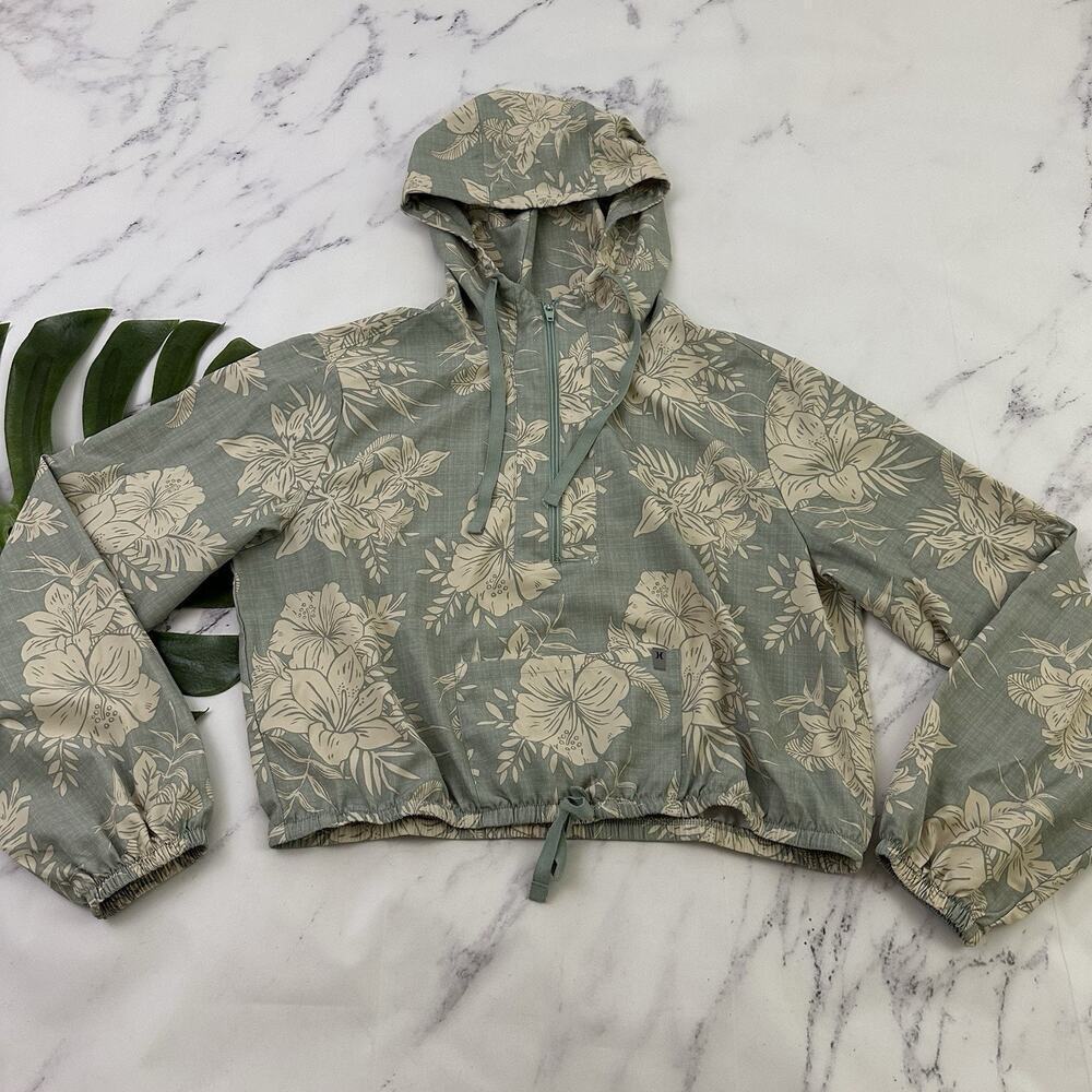 Hurley Womens Cropped Windbreaker Jacket Size M Green Tropical Floral Hooded